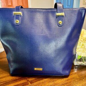 NEW Joy Mangano Blue Leather Crocodile Embossed Gold Hdwr RFID Zippered Tote Bag